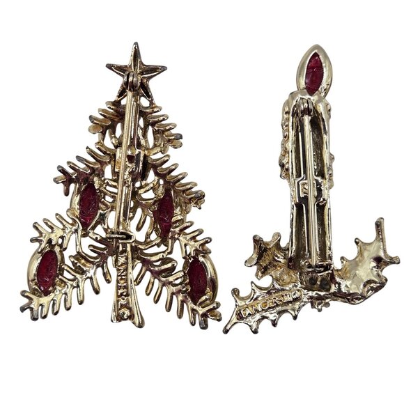 Vtg Tancer II Christmas Tree Candle Brooch Lot Holiday Red Cab Rhinestone Pins - Picture 4 of 13